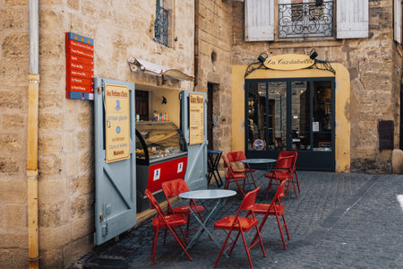 Ice cream parlour in the beautiful medieval streets of the old town of Pezenas in the south of France (Herault)のeditorial素材