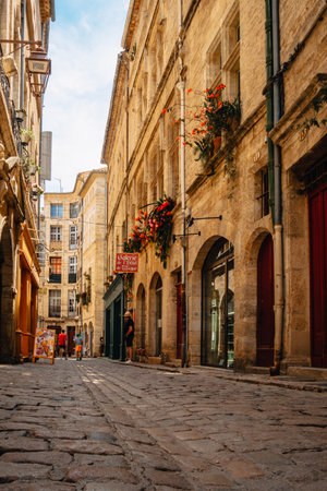 Quaint shops and facades on the cobblestone paved street of Rue de la foire in the old medieval town of Pezenas in the south of France (Herault).のeditorial素材