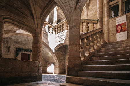 Inner courtyard of the 16th medieval townhouse of Lacoste Barons in the old town of Pezenas in the south of France (Herault)のeditorial素材