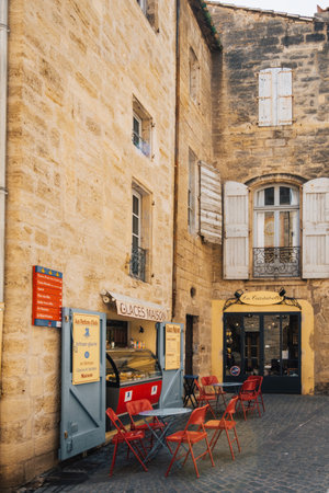 Ice cream parlour in the beautiful medieval streets of the old town of Pezenas in the south of France (Herault)のeditorial素材