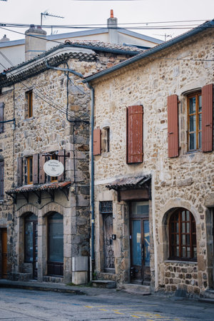 Quaint stone facades of old houses in the medieval village of Boulieu Les Annonay in the south of France (Ardeche)のeditorial素材