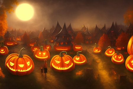 Halloween background with pumpkins in the village, 3d renderの写真素材