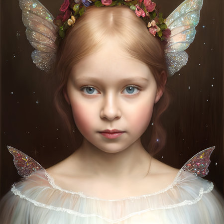 Beautiful little fairy with wings and flowers on her head. 3d renderingの写真素材