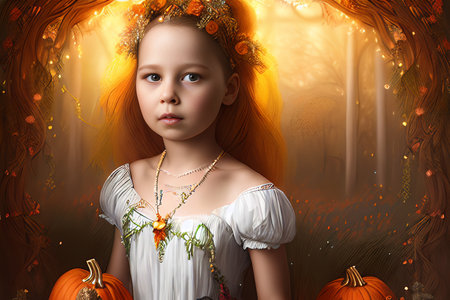 Little girl in white dress with pumpkins on the background of the magic forestの写真素材