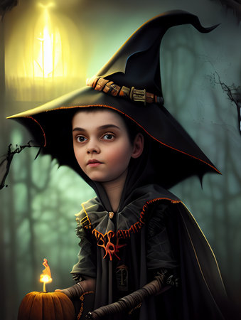 Little boy in a witch costume with a pumpkin. Halloween theme.の写真素材