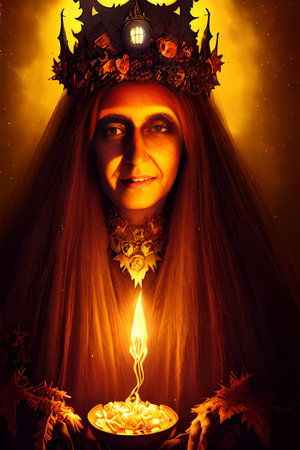 Portrait of a witch with a candle in her hands. Halloween.の写真素材