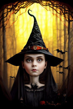 Cute little girl in witch costume. Halloween theme. 3D rendering.の写真素材