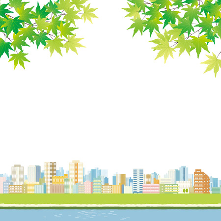Vector illustration of cityscape with fresh green leavesのイラスト素材