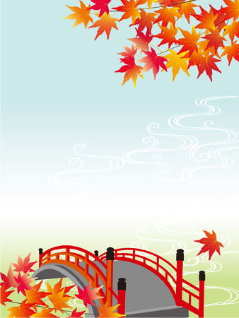 japanese red bridge on the background of maple leavesのイラスト素材
