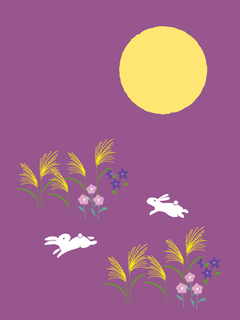 Rabbits viewing the moon. Mid-autumn festival illustration of bunny with full moon on starry night background. Cartoon character.のイラスト素材