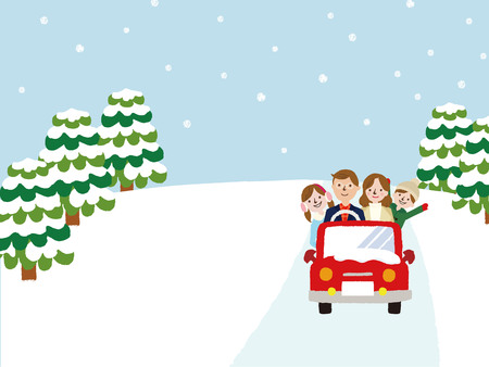 Winter Family on Car Driving to Travel, Vacations, Holiday, Journey Trips, Transportationのイラスト素材
