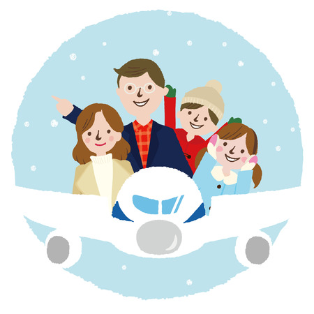 Winter Family vacation trip on an airplaneのイラスト素材