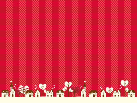 Valentine landscape and a lot of hearts vector illustration on the red Tartan Vintage background.のイラスト素材