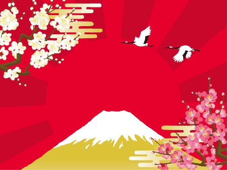 Japanese red-crowned crane flying in the Mount Fuji and plumのイラスト素材