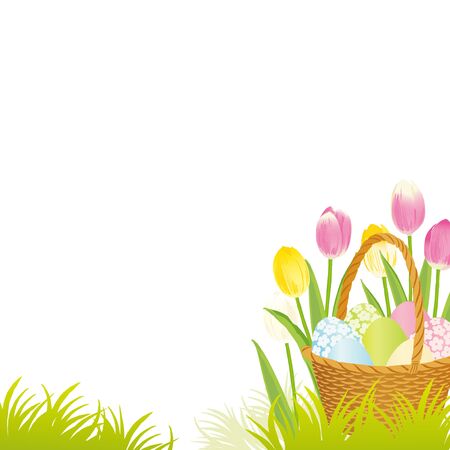 Happy Easter design. Colorful Basket with eggs. Vector illustration.のイラスト素材