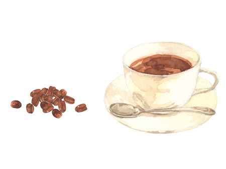 coffee beans and white coffee cup with spoon. watercolor painting on white backgroundの写真素材