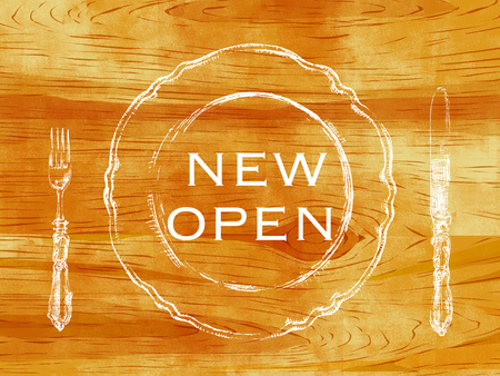 open the new poster. Knife, fork and plate on wooden board backgroundの写真素材