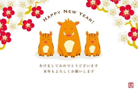 Wild boar illustration for New Year's Day. 2019 new year's card./Japanese translation is "boar","Thank you for all of your help last year"のイラスト素材
