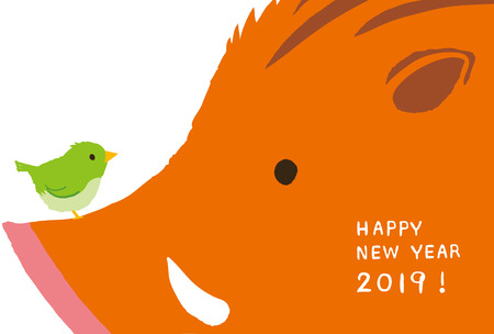 New Year's Day, and bush warbler for wild boar. 2019 new year's cardのイラスト素材
