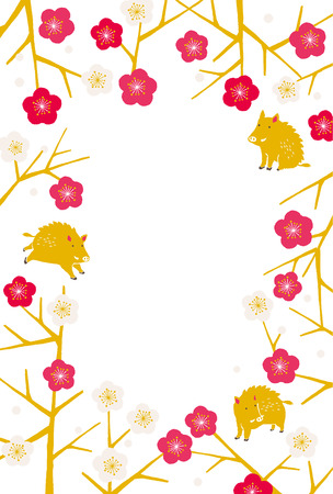 Wild boar with plum blossom for New Year's Day. 2019 new year's cardのイラスト素材
