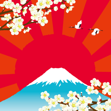 Japanese red-crowned crane flying in the Mount Fuji and plumのイラスト素材
