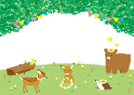 A rabbit that makes a flower crown for animals in the forestãのイラスト素材
