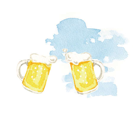 Beer and blue sky watercolor illustrationの写真素材