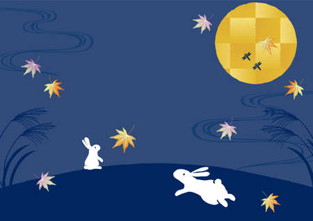 Rabbit looking at the moon at 15 nights background illustrationのイラスト素材