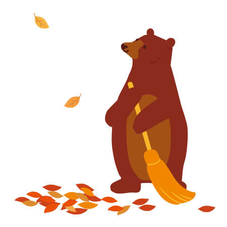 Cleaning of fallen leaves of a bear Autumn illustrationのイラスト素材