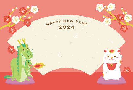 2024 Year of the Dragon New Year's Card Dragon and Maneki Cat Frameのイラスト素材