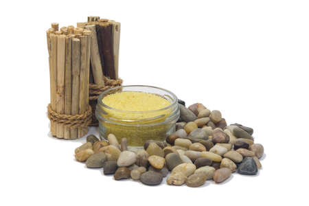 pebbles, salt and bamboo on isolated の写真素材