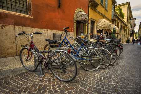 Bicycles on small steet in Padova, Italyのeditorial素材