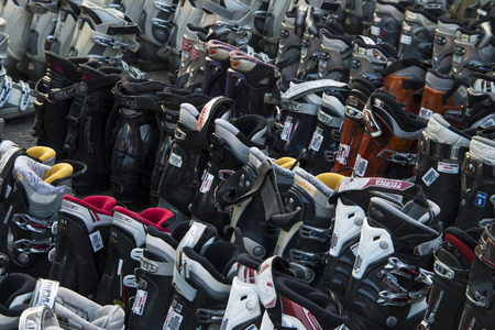 market of used ski boots for editorial use onlyの写真素材