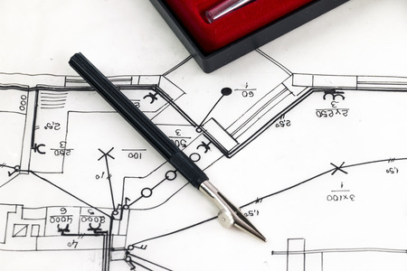 New house sketch drawing with compasses.の写真素材