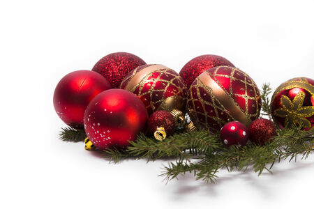 Various christmas tree baubles  on white backgroundの写真素材