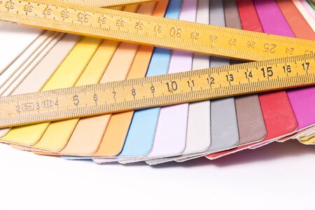 Close up of a different color palette and metric folding rulerの写真素材