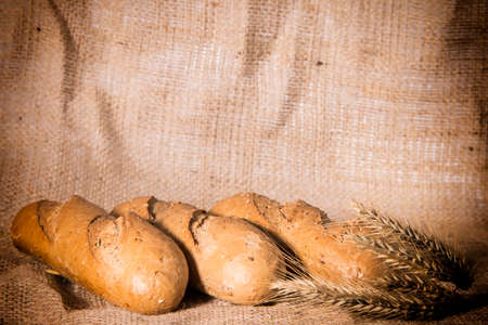 tasty fresh bread with ears of ryeの写真素材