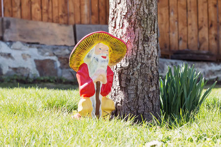 Garden gnomes in an autumn garden in the grassの写真素材