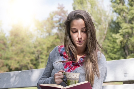 Young woman reading a book on a park bench in a lovely sunny dayの写真素材