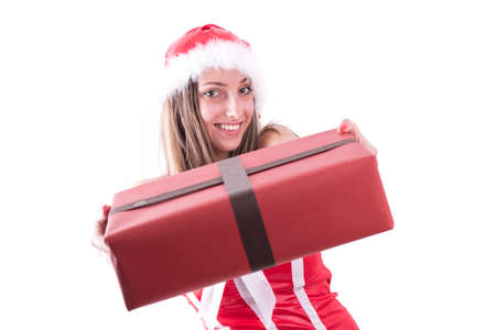 Christmas girl with a red hat and Christmas gifts on white background