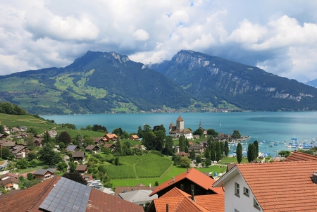 Spiez, village at lake Thunerseeの写真素材