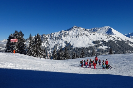 Warm up for skiing, scene in the Wispile ski areaの写真素材