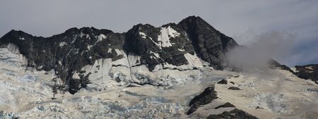 View from Mt Cook village. Glacier and high mountain in the Southern Alps.