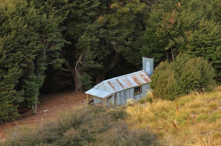 Basic hut on a tramping trail in Otago, New Zealand. Breast Hill tramping route.の写真素材