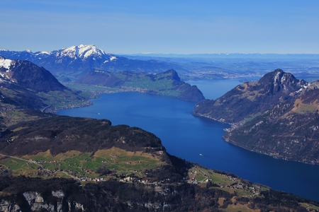 Spring in the Swiss Alps. View from mount Fronalpstock, Stoos. Seelisberg and lake Vierwaldstattersee.の写真素材