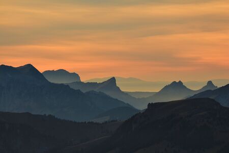 Sunset in the Bernese Oberland, Switzerland. View from mount Niesen.の写真素材