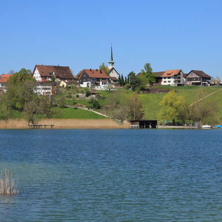 Idyllic village Seegraben in spring. Shore of lake Pfaffikon, Zurich Canton.の写真素材