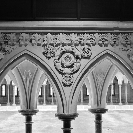 Sculptured arcade. Cloister of the Merveille. Mont St Michel, Normandy, France.の写真素材