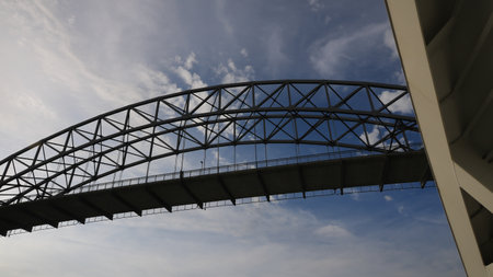 Detail of the Haugesund Bridge while passing underneath with the ferry, Norway.
