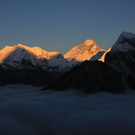 Bright lit peak of Mount Everest in autumn, Nepal.